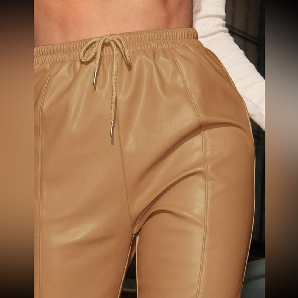Tan / brown faux leather pants elastic ankle joggers - with elastic waistband - Picture 5 of 9
